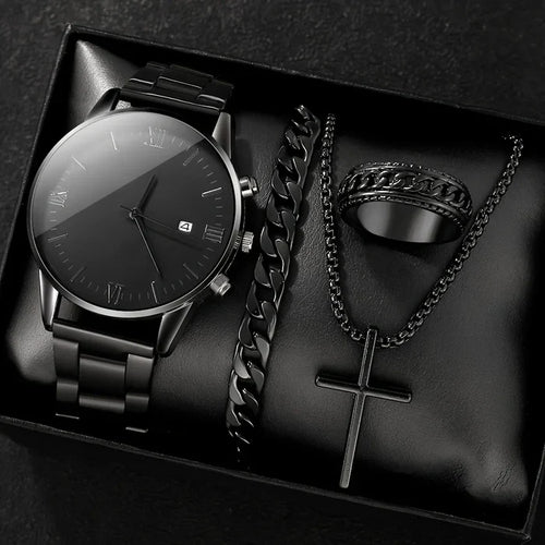 4-piece/set men's black minimalist quartz watch set with bracelet, necklace, and ring