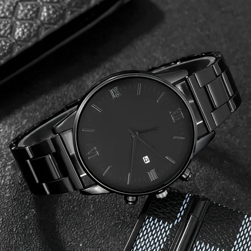 4-piece/set men's black minimalist quartz watch set with bracelet, necklace, and ring