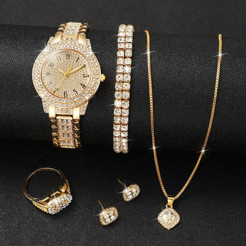 6PCS Fashion Full Diamond Women's Watch Gold Steel Band Analog Quartz Watches Jewellery Set Without Box