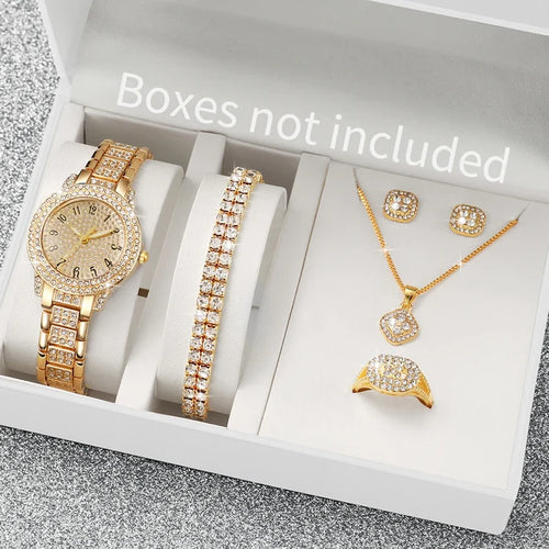 6PCS Fashion Full Diamond Women's Watch Gold Steel Band Analog Quartz Watches Jewellery Set Without Box