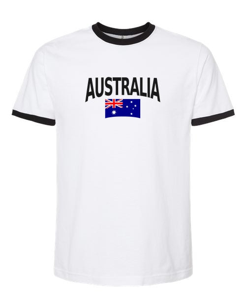 Australia Soccer Ringer Tee 2026 — Classic Name & Flag | NYC Factory - White/Black