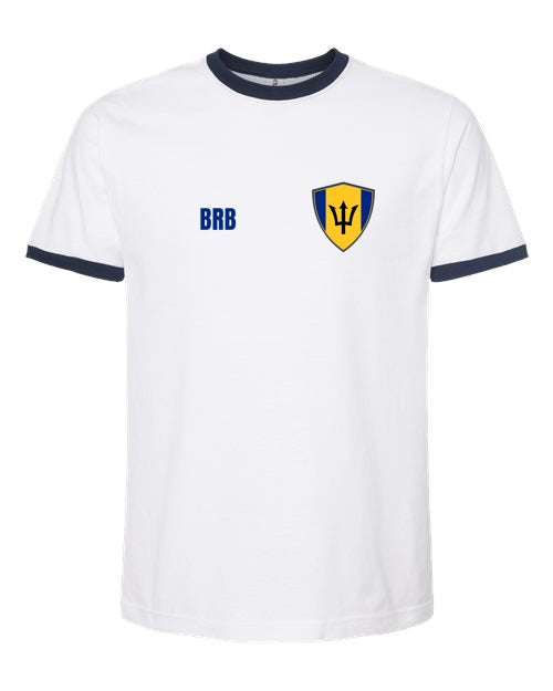 Barbados Soccer Ringer Tee — Retro National Crest | NYC Factory