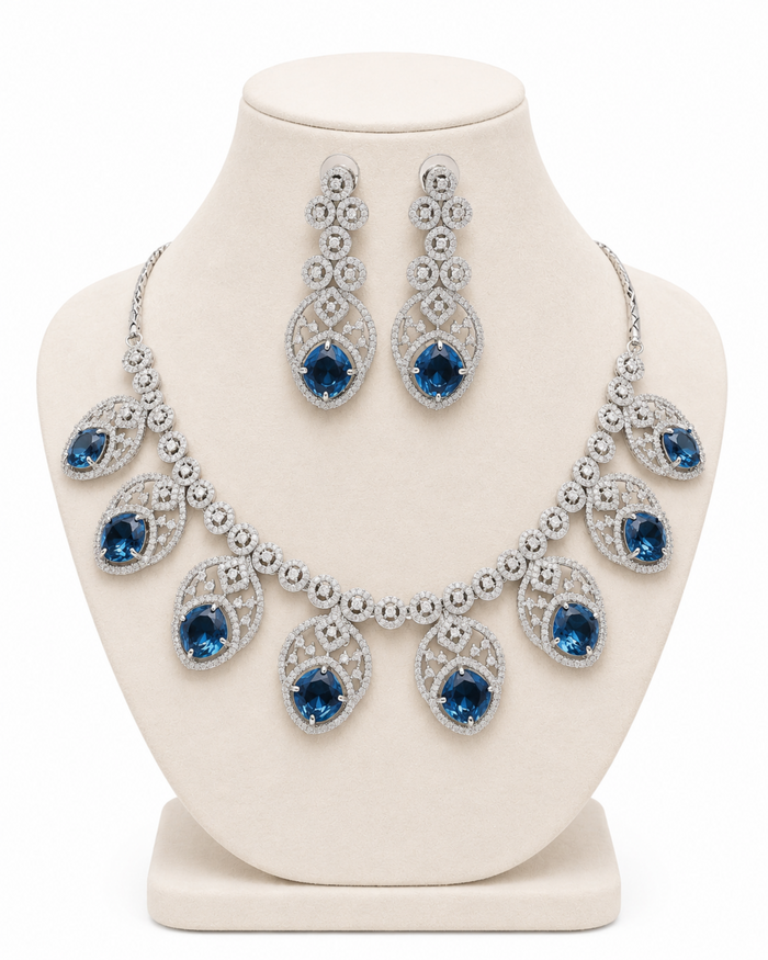 Blue Frost AD Necklace Set – Blue Stone American Diamond Jewellery – Pabeena
