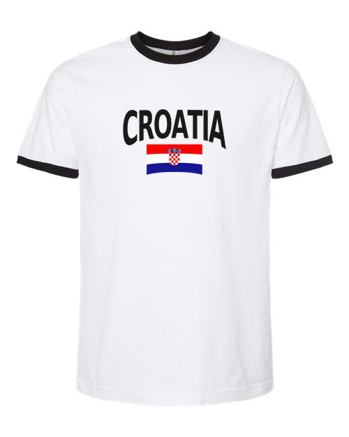 Croatia Soccer Ringer Tee 2026 — Classic Name & Flag | NYC Factory - White/Black