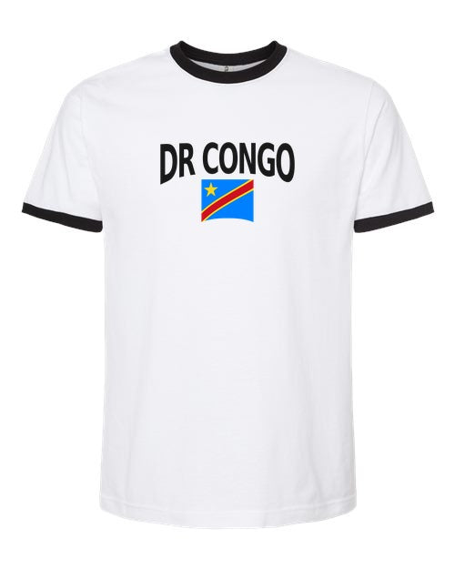DR Congo Soccer Ringer Tee 2026 — Classic Name & Flag | NYC Factory - White/Black