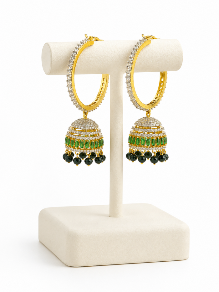 Emerald Aura Hoop Jhumkas – Green AD Stone Hoop Jhumka Earrings – Pabeena