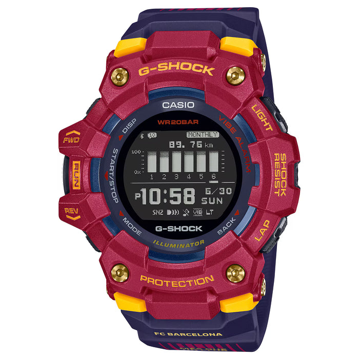 G-SHOCK GBD100BAR-4 – FC Barcelona Matchday Collaboration Bluetooth Fitness Watch, Red & Blue Garnet Design, 200m Water Resistant