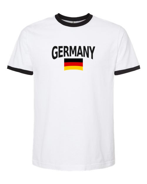 Germany Soccer Ringer Tee 2026 — Classic Name & Flag | NYC Factory - White/Black