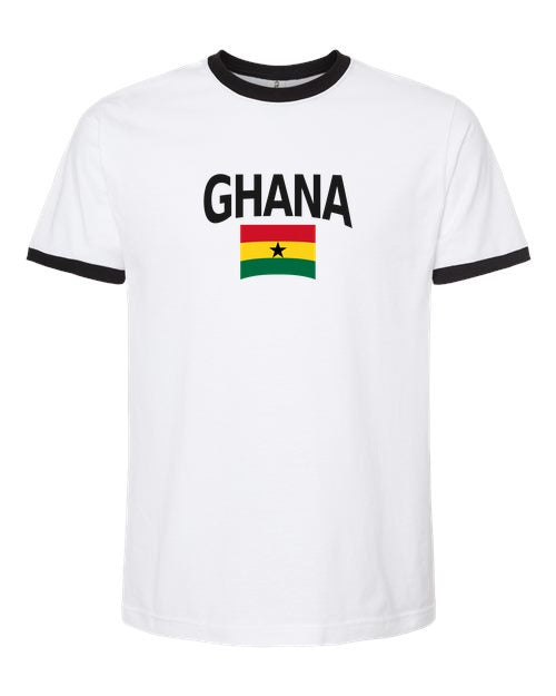 Ghana Soccer Ringer Tee 2026 — Classic Name & Flag | NYC Factory - White/Black