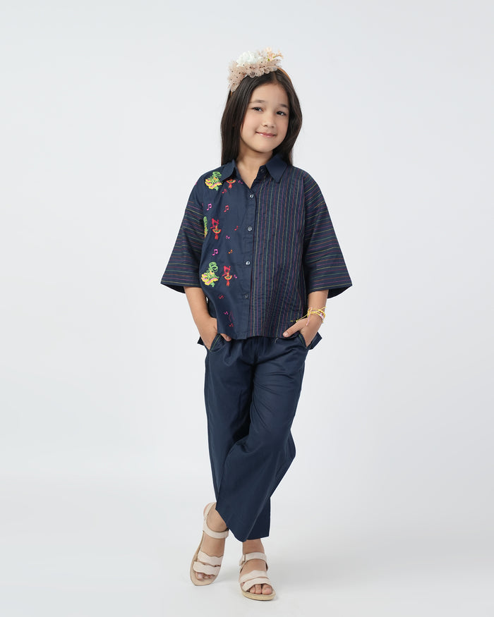 Girls Embroidered 2 Pcs Suit - Dark Blue