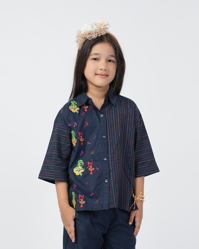 Girls Embroidered 2 Pcs Suit - Dark Blue