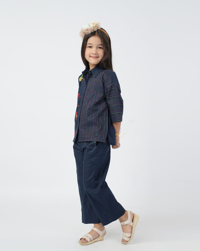 Girls Embroidered 2 Pcs Suit - Dark Blue