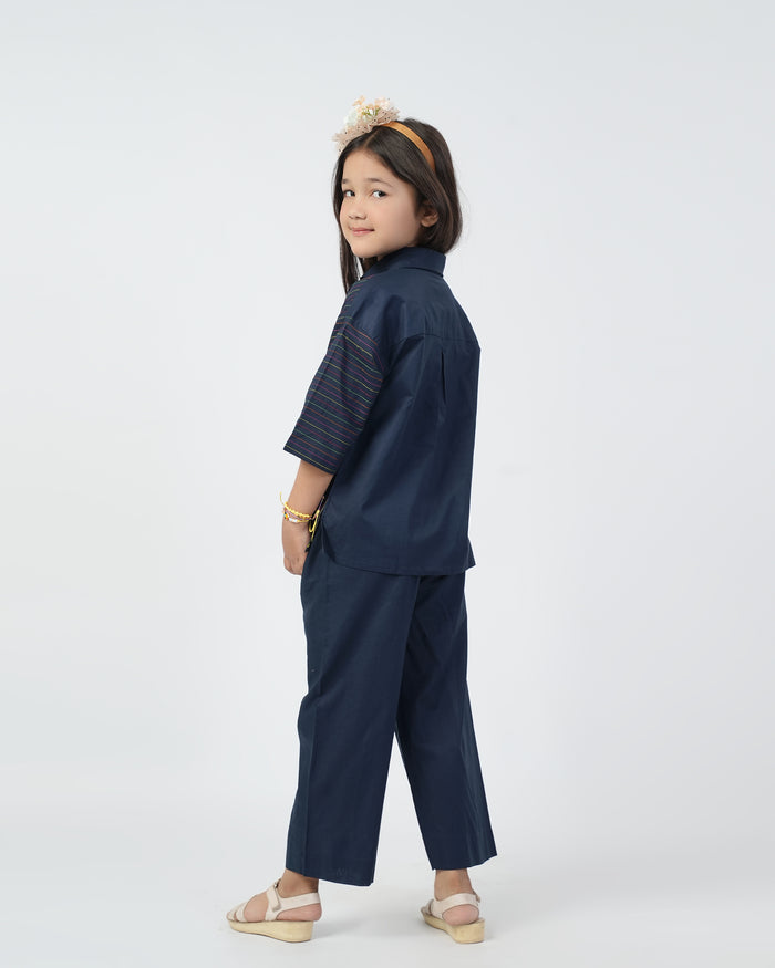 Girls Embroidered 2 Pcs Suit - Dark Blue