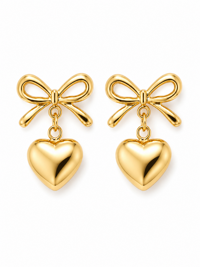 Heartstring Drop Earrings – Gold Plated Heart & Bow Drops – Pabeena