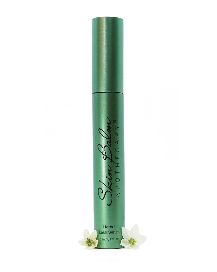 Herbal Lash Serum with floral elements against a white background.