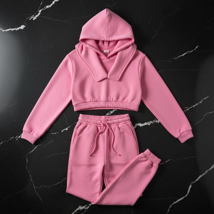 Pink Cropped Hoodie Tracksuit Set