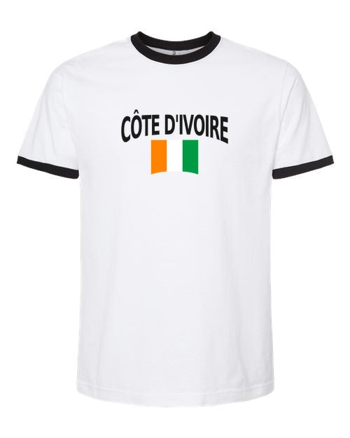 Ivory Coast Soccer Ringer Tee 2026 — Classic Name & Flag | NYC Factory - White/Black