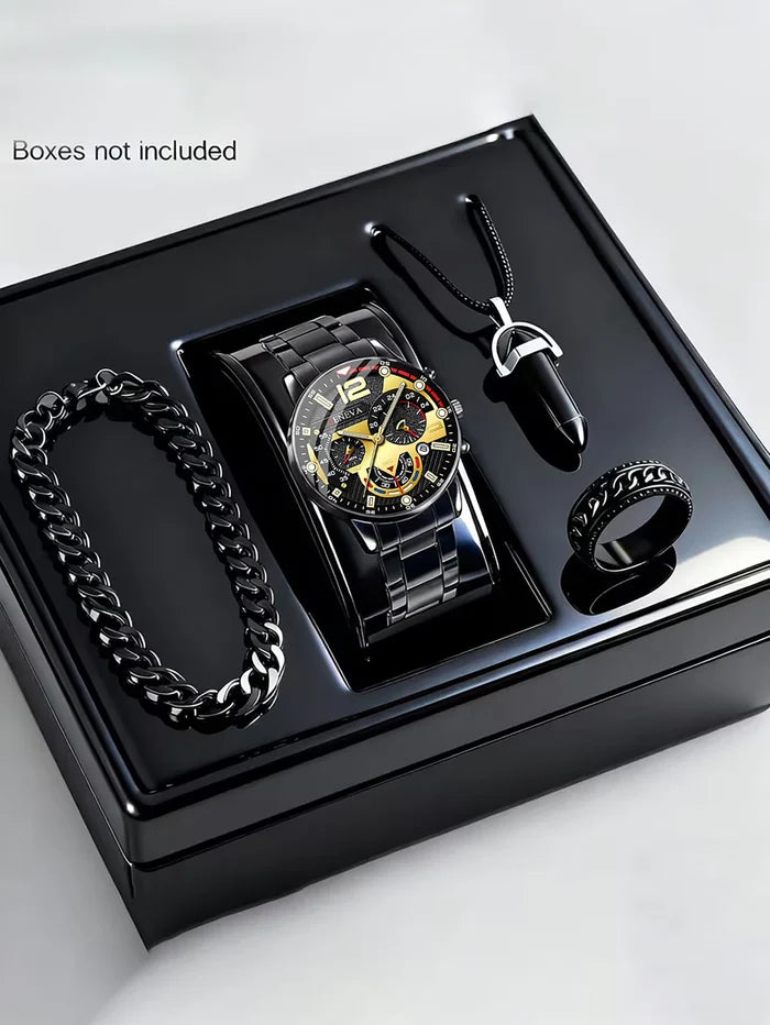Men's Quartz Watch Set with Bracelet Necklace Ring Calendar Function