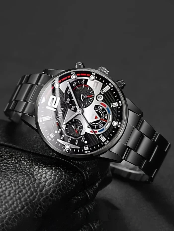 Men's Quartz Watch Set with Bracelet Necklace Ring Calendar Function