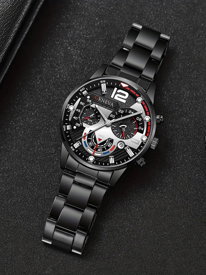 Men's Quartz Watch Set with Bracelet Necklace Ring Calendar Function