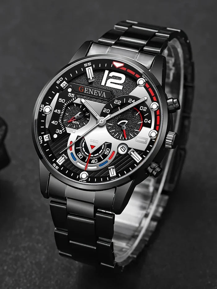 Men's Quartz Watch Set with Bracelet Necklace Ring Calendar Function