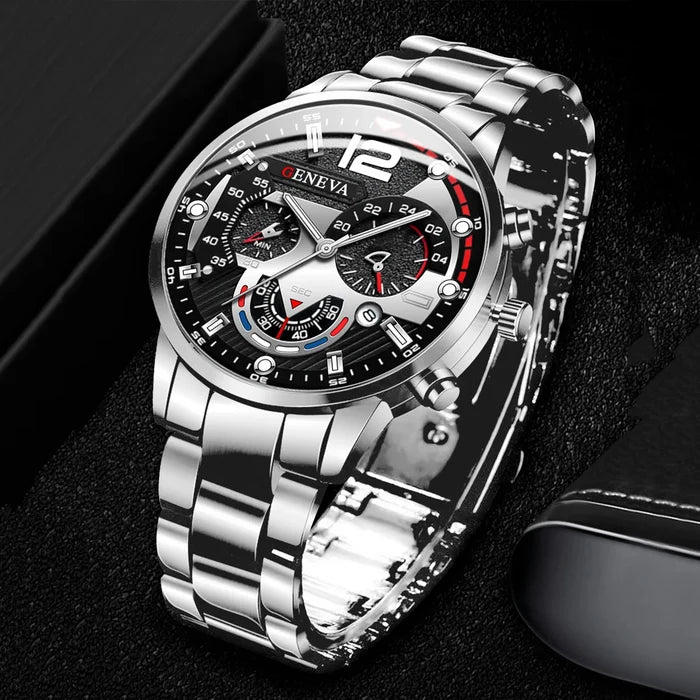 Men's Watch Stainless Steel Band Analog Quartz Wristwatch with Calendar