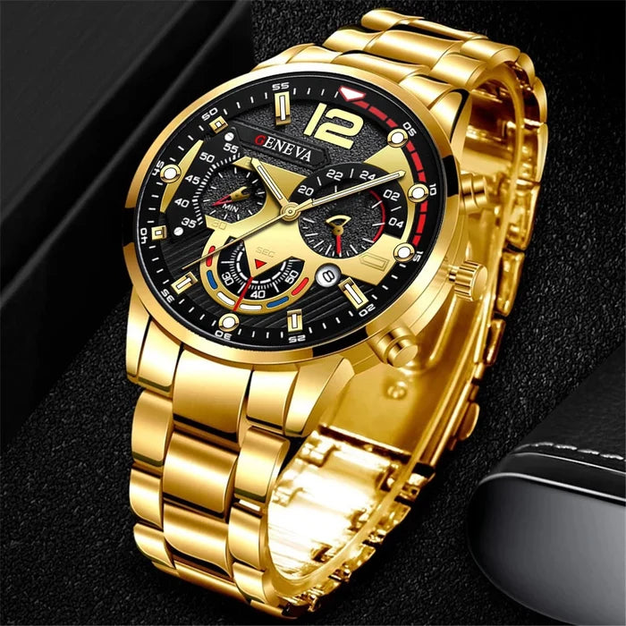 Men's Watch Stainless Steel Band Analog Quartz Wristwatch with Calendar