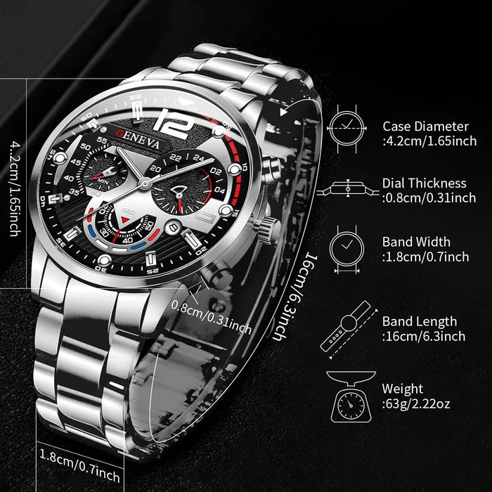 Men's Watch Stainless Steel Band Analog Quartz Wristwatch with Calendar