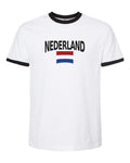 Netherlands Soccer Ringer Tee 2026 — Classic Name & Flag | NYC Factory - White/Black