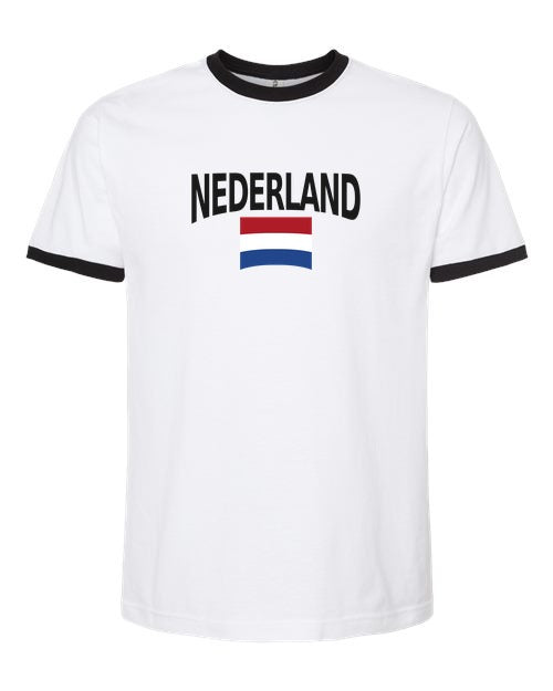 Netherlands Soccer Ringer Tee 2026 — Classic Name & Flag | NYC Factory - White/Black