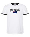 New Zealand Soccer Ringer Tee 2026 — Classic Name & Flag | NYC Factory - White/Black