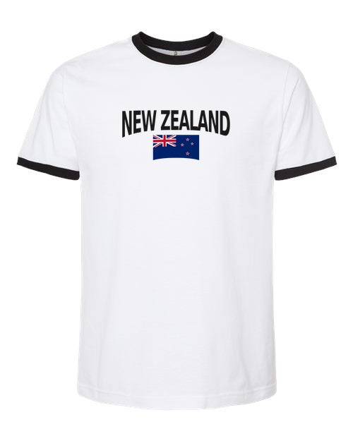 New Zealand Soccer Ringer Tee 2026 — Classic Name & Flag | NYC Factory - White/Black