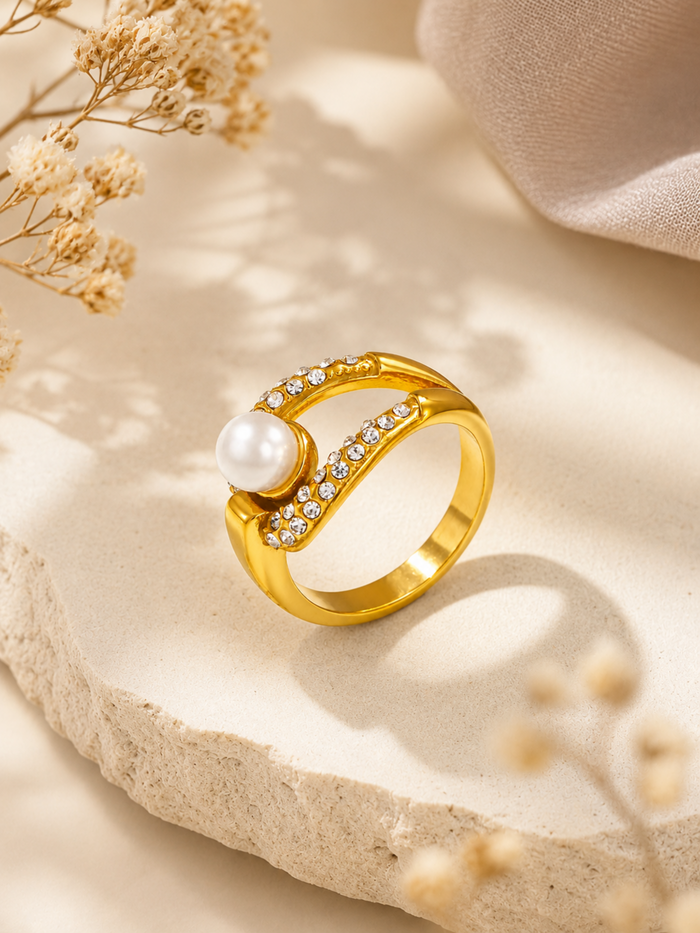 Pearl Radiance Crystal Ring – Pearl Gold Plated Ring for Women