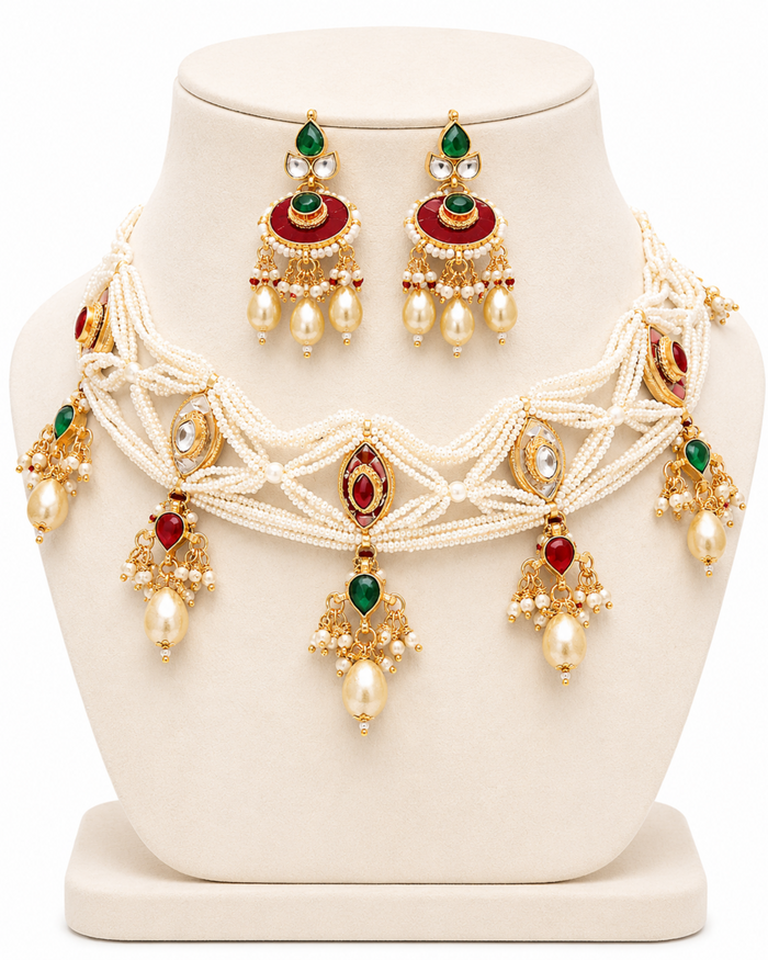 Pearl Weave Meenakari Choker Set – Pearl Bridal Necklace with Earrings – Pabeena