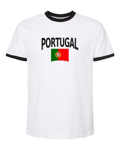 Portugal Soccer Ringer Tee 2026 — Classic Name & Flag | NYC Factory - White/Black