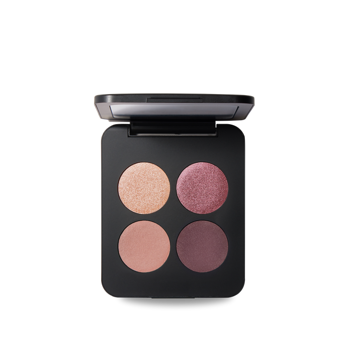 Pressed eyeshadow quad with champagne sparkle, berry shimmer, blush matte, deep plum matte pans