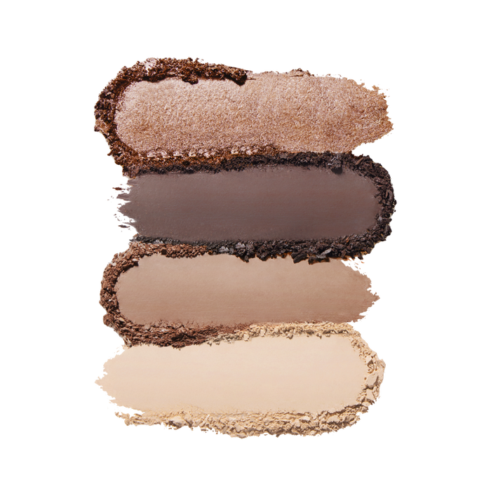 Four pressed eyeshadow shades swatched: warm brown, cocoa plum, tan, pale beige