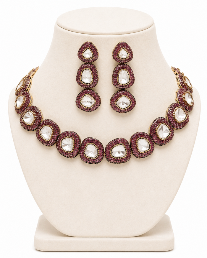 Rosé Luxe Moissanite Necklace Set – Pink Stone Bridal Jewellery for Women – Pabeena