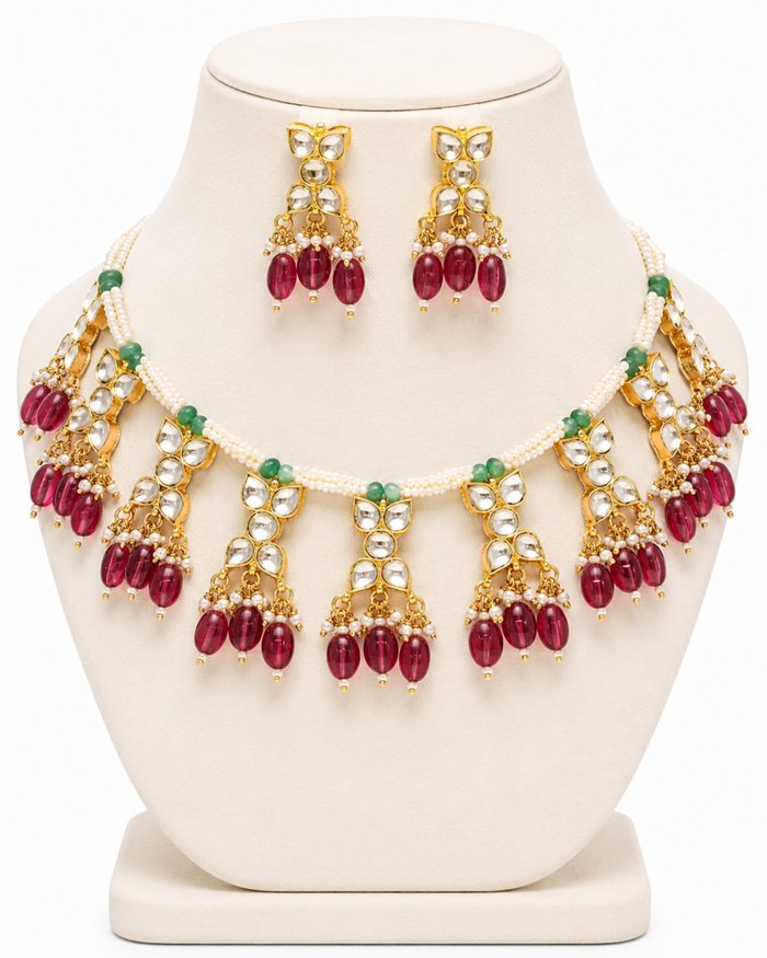 Rouge Nizam Pearl & Kundan Necklace Set – Maroon Bridal Jewellery – Pabeena