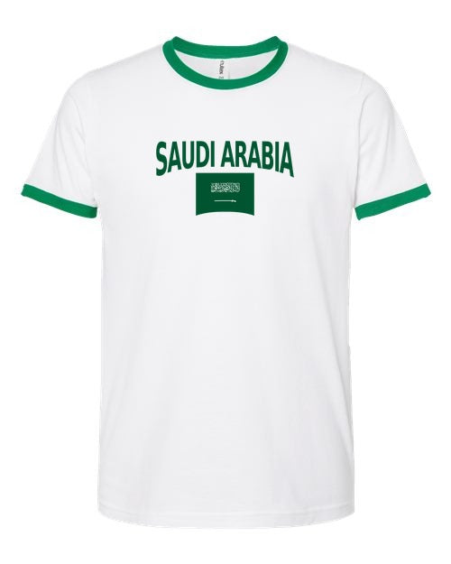 Saudi Arabia Soccer Ringer Tee 2026 — Classic Name & Flag | NYC Factory - white_green