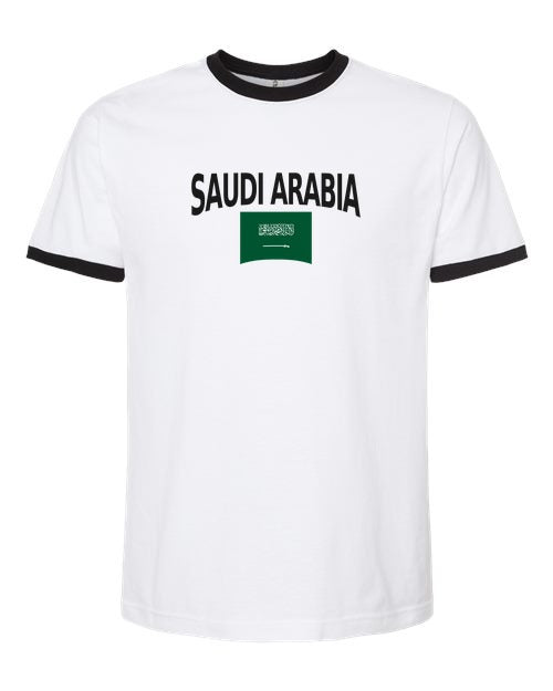 Saudi Arabia Soccer Ringer Tee 2026 — Classic Name & Flag | NYC Factory - White/Black