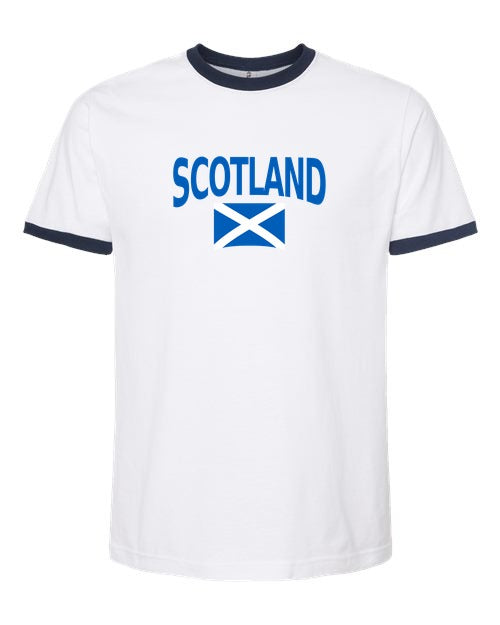 Scotland Soccer Ringer Tee 2026 — Classic Name & Flag | NYC Factory - white_navy