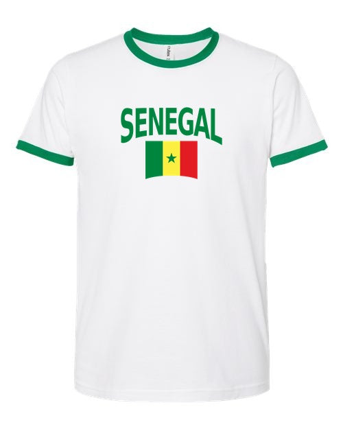 Senegal Soccer Ringer Tee 2026 — Classic Name & Flag | NYC Factory - white_green