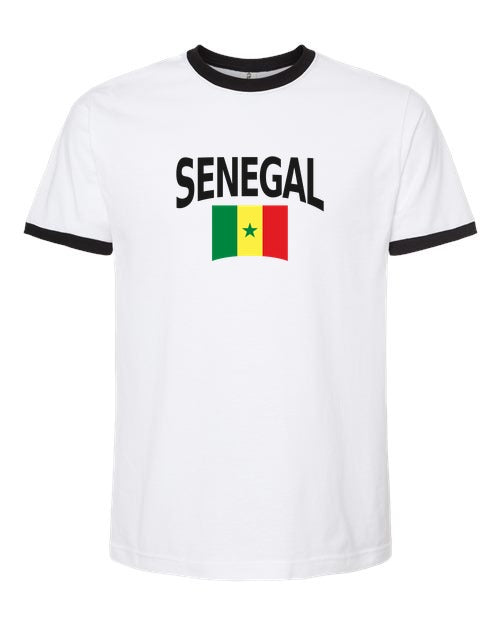 Senegal Soccer Ringer Tee 2026 — Classic Name & Flag | NYC Factory - White/Black