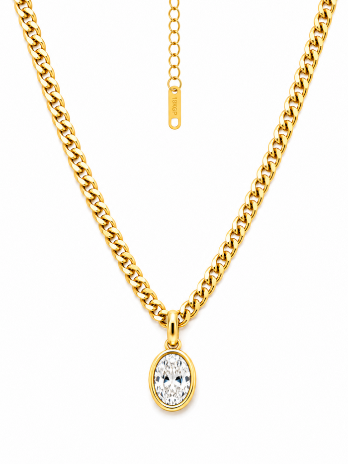 Sol Pendant Necklace – Gold Plated Oval Zircon Long Necklace – Pabeena