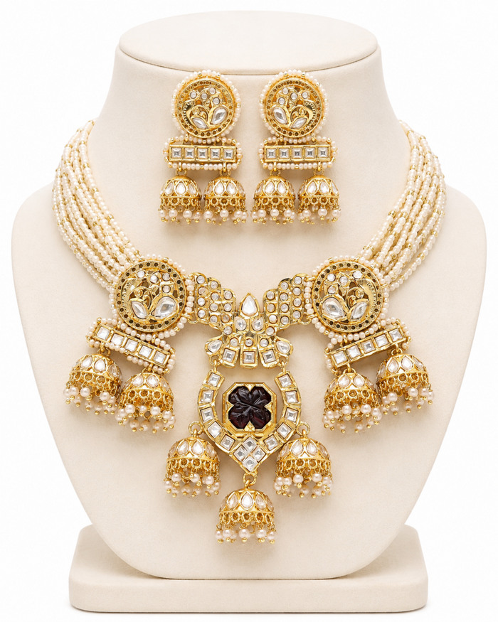Sovereign Shine Pearl Temple Jewellery Set – Traditional Bridal Necklace – Pabeena