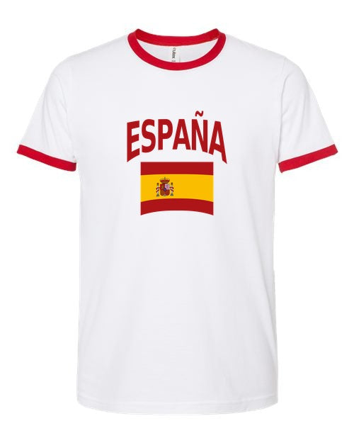 Spain Soccer Ringer Tee 2026 — Classic Name & Flag | NYC Factory - white_red