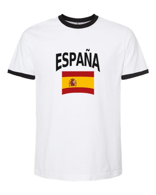 Spain Soccer Ringer Tee 2026 — Classic Name & Flag | NYC Factory - White/Black