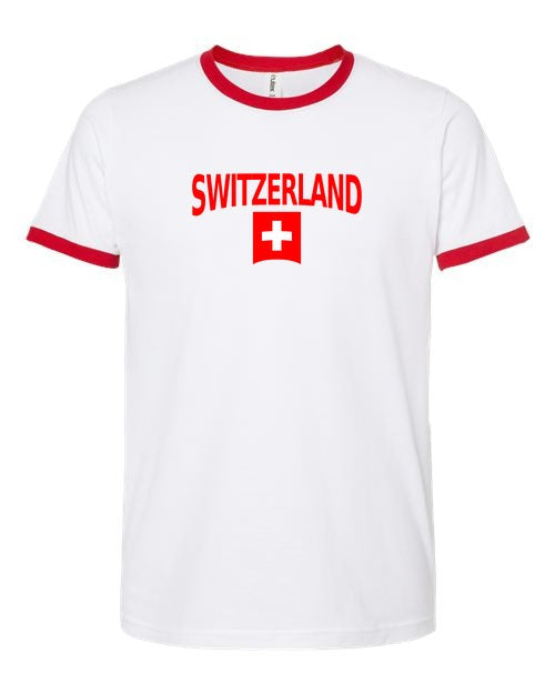 Switzerland Soccer Ringer Tee 2026 — Classic Name & Flag | NYC Factory - white_red