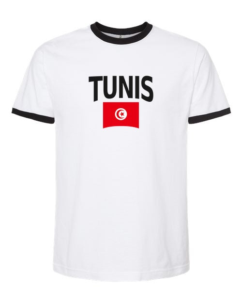 Tunisia Soccer Ringer Tee 2026 — Classic Name & Flag | NYC Factory - White/Black